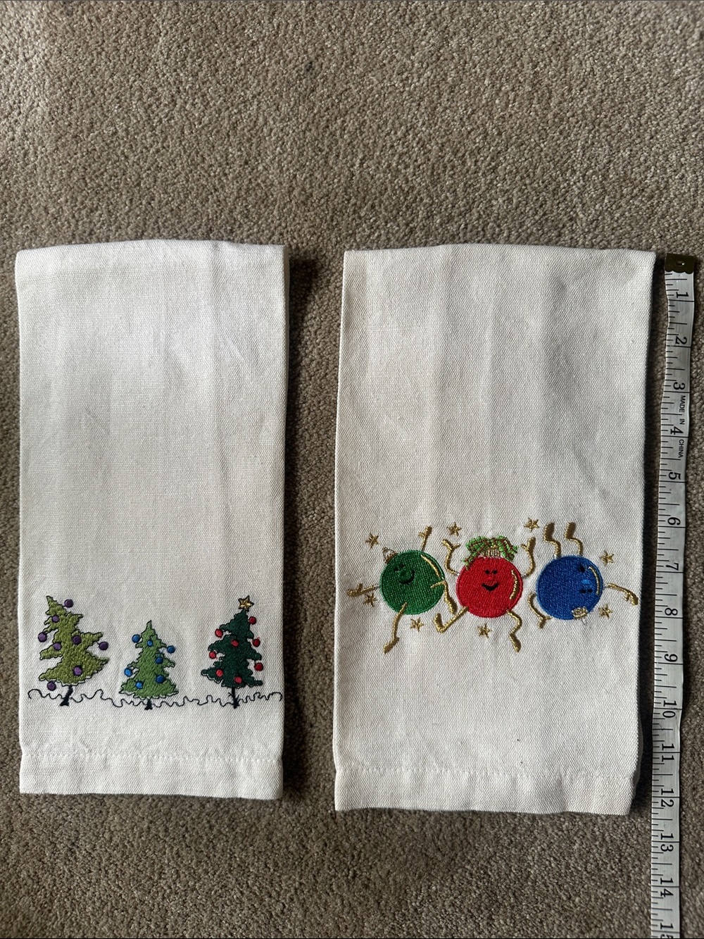 Holiday Embroidered Kitchen Towels - Festive Trees & Ornament Trio